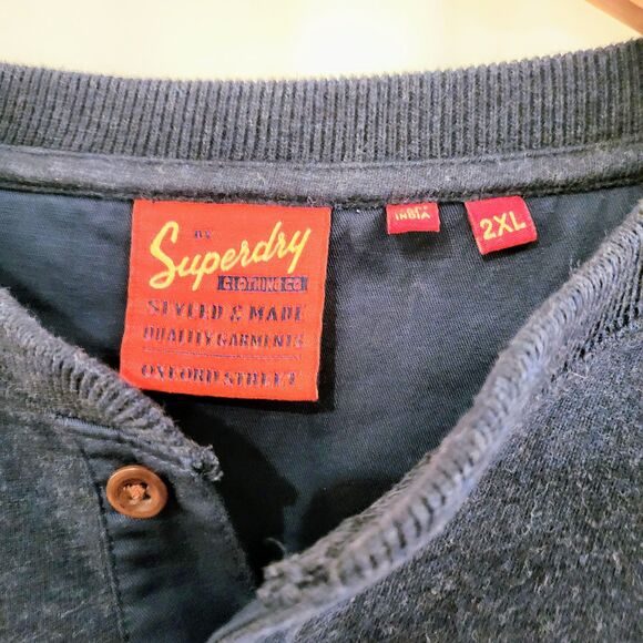 Superdry Top Vintage Logo Embroidered Half Button Henley Navy Tshirt XXL 2XL - Picture 3 of 6